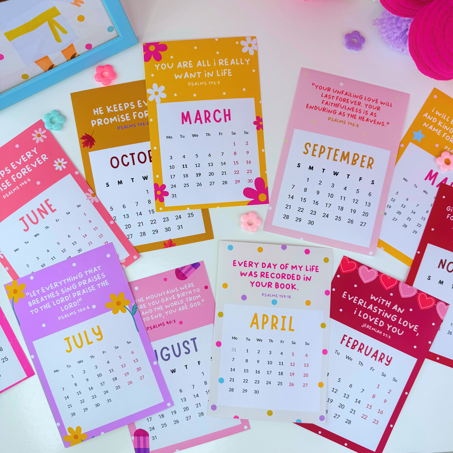 Colorful Desk Calendar with Bible Verse 2025