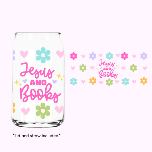JESUS AND BOOKS  GLASS CAN CUP 16 OZ.